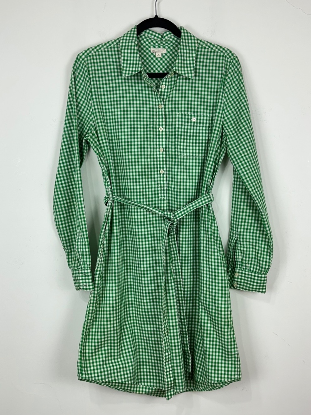 Gap Women's Kelly Green Gingham Belted Shirt Dress S Preppy Summer